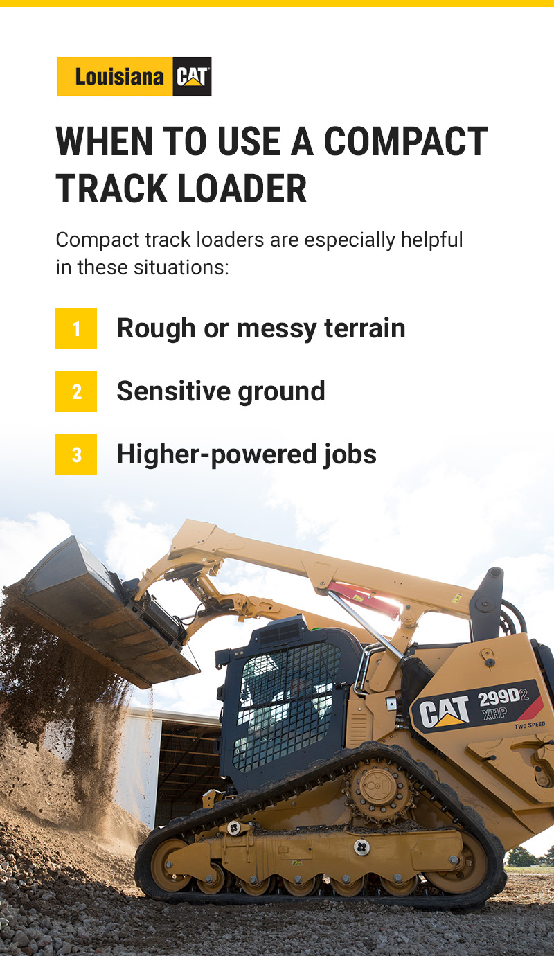 When to use a compact track loader. Compact track loaders are especially helpful in these situations: Rough or messy terrain, sensitive ground, and higher-powered jobs.